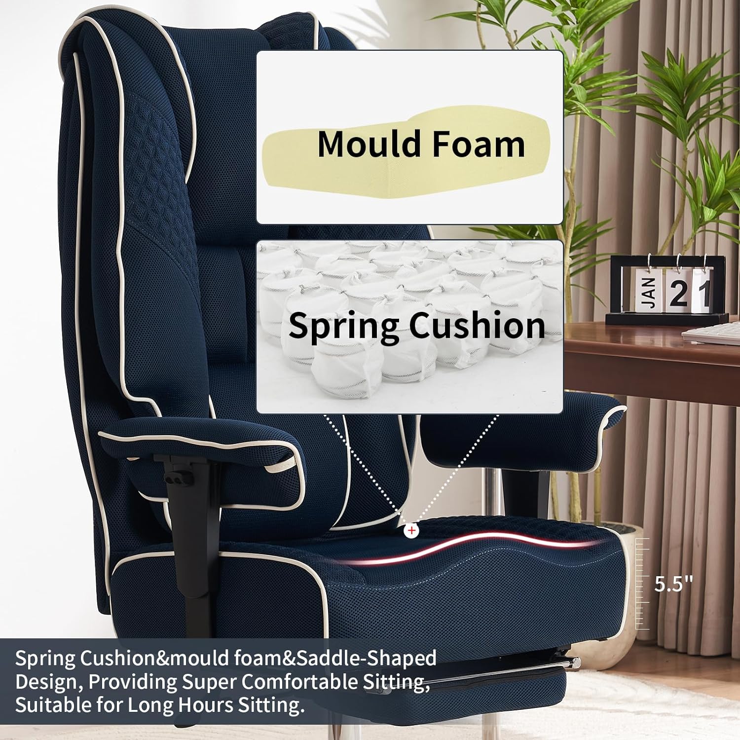 Silla de Oficina Alta y Ancha para 400 lbs, Silla Ejecutiva de Cuero con Respaldo Alto y Reposapiés, Silla Ergonómica con Soporte Lumbar para Aliviar el Dolor de Espalda Baja (Beige)