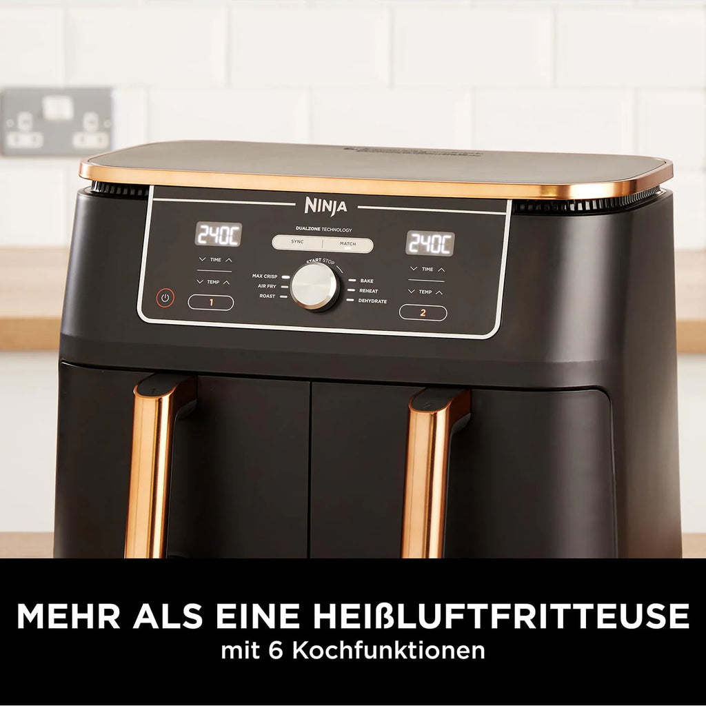 2025 Ninja Foodi MAX Freidora de Aire Doble Zona, 9,5 L, 2 Compartimentos, con Pinza, Recubrimiento Antiadherente, Cestas Aptas para Lavavajillas, 6 en 1, Exclusividad Amazon, Cobre/Negro AF400EUCP