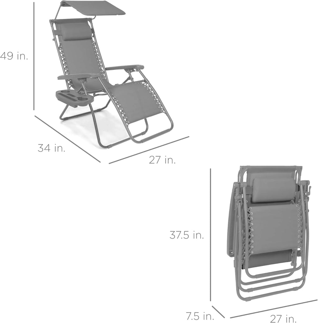 Best Choice Products – Silla Reclinable de Patio con Gravedad Cero, Ajustable y Plegable para Exteriores con Dosel, Almohada Cervical y Bandeja Lateral, Textileno – Azul Pavo Real