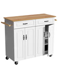 4 EVER WINNER Isla de Cocina Blanca con Almacenamiento sobre Ruedas, Carrito de Cocina Móvil con 2 Cajones y 4 Gabinetes de Almacenaje, Encimera de Madera, Barras para Toallas, Estantes Ajustables
