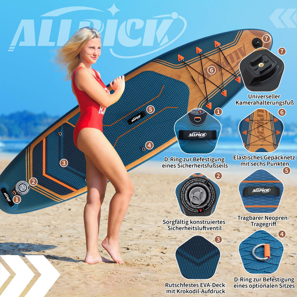 2025 Tabla de Paddle Surf Inflable ALLPICK Premium, Azul Marino – Tabla SUP con Soporte Universal para Cámara, Accesorios Completos, Remo Ajustable, para Principiantes y Avanzados, Capacidad 180 kg