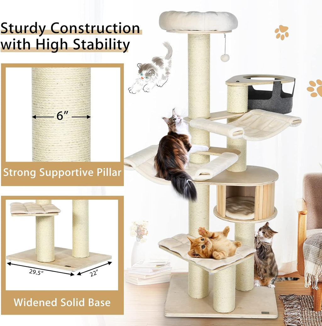 Árbol para Gatos Grande, Torre de Múltiples Niveles con Poste de Sisal, Hamaca, Cesta Colgante y Alfombrillas Desmontables y Lavables, Perfecto para Gatos Grandes