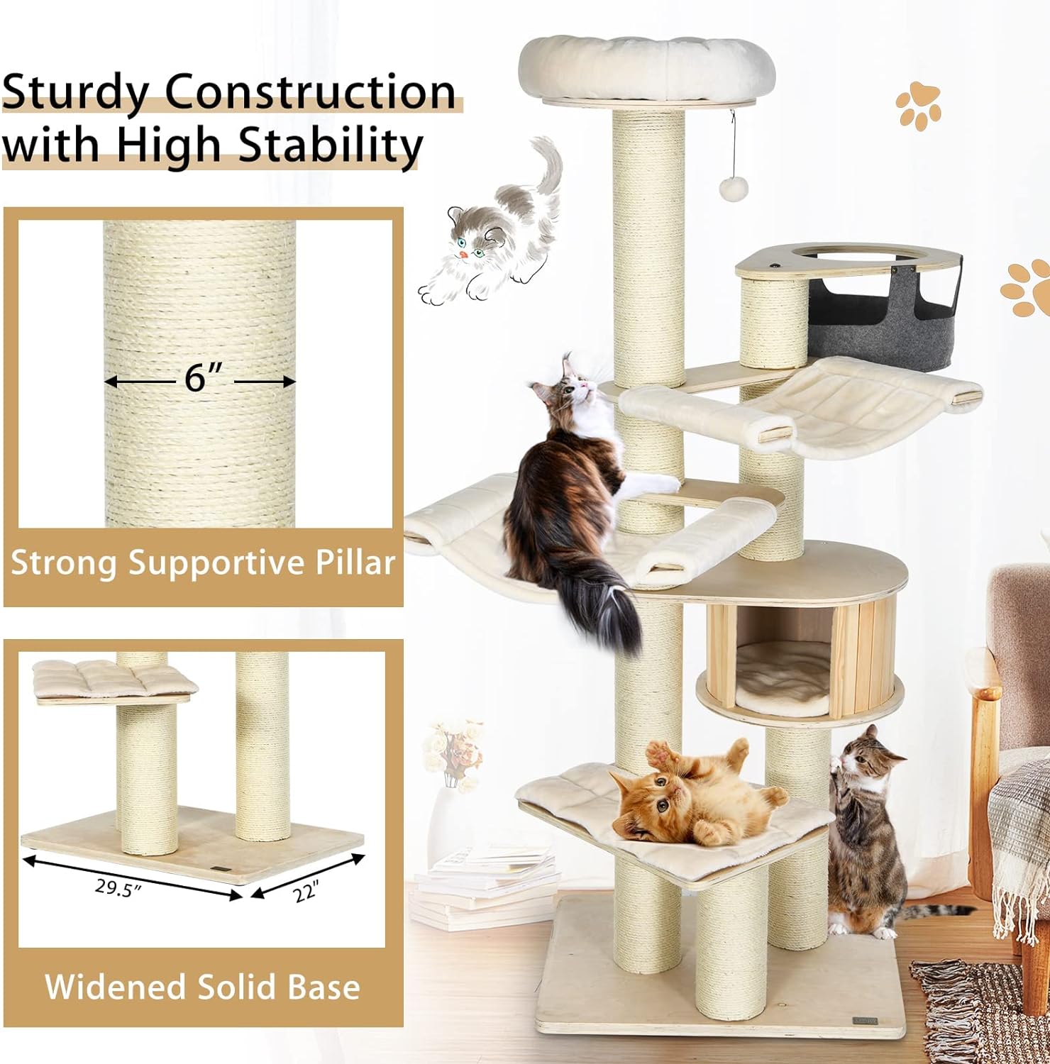 Árbol para Gatos Grande, Torre de Múltiples Niveles con Poste de Sisal, Hamaca, Cesta Colgante y Alfombrillas Desmontables y Lavables, Perfecto para Gatos Grandes