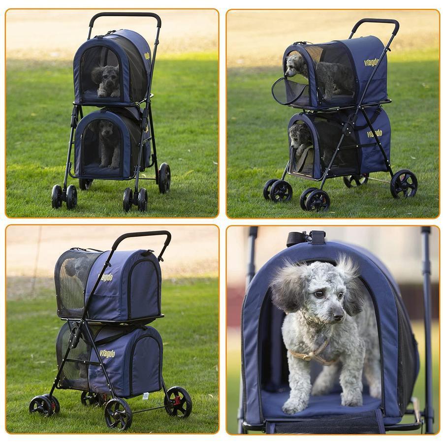 2025 Carrito Doble para Mascotas 42", para 2 Perros o Gatos, Plegable con Suspensión, Azul Marino