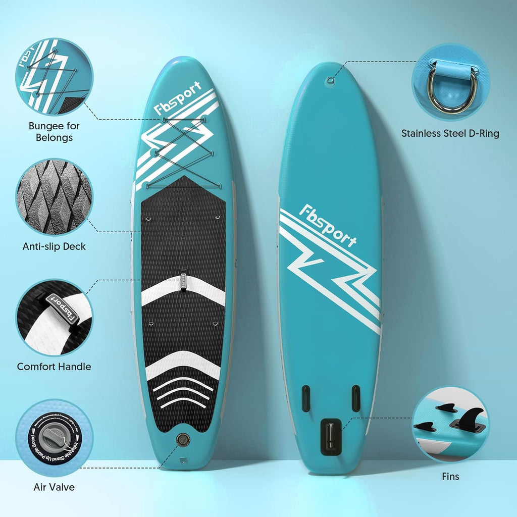 Tabla de Paddle Premium FBSPORT de 11 pulgadas, tabla de yoga con accesorios SUP y bolsa de transporte, postura ancha, control de surf, cubierta antideslizante, correa, remo y bomba para jóvenes y adultos