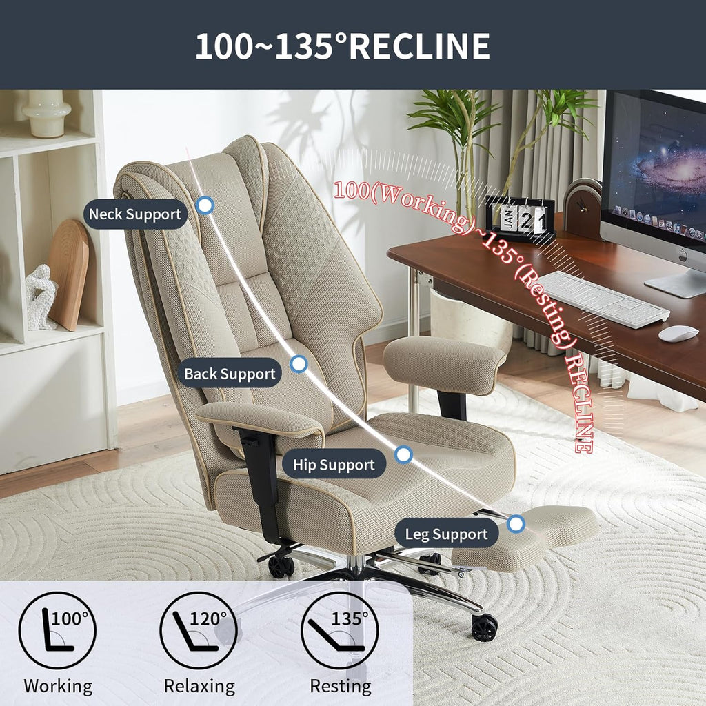 Silla de Oficina Alta y Ancha para 400 lbs, Silla Ejecutiva de Cuero con Respaldo Alto y Reposapiés, Silla Ergonómica con Soporte Lumbar para Aliviar el Dolor de Espalda Baja (Beige)