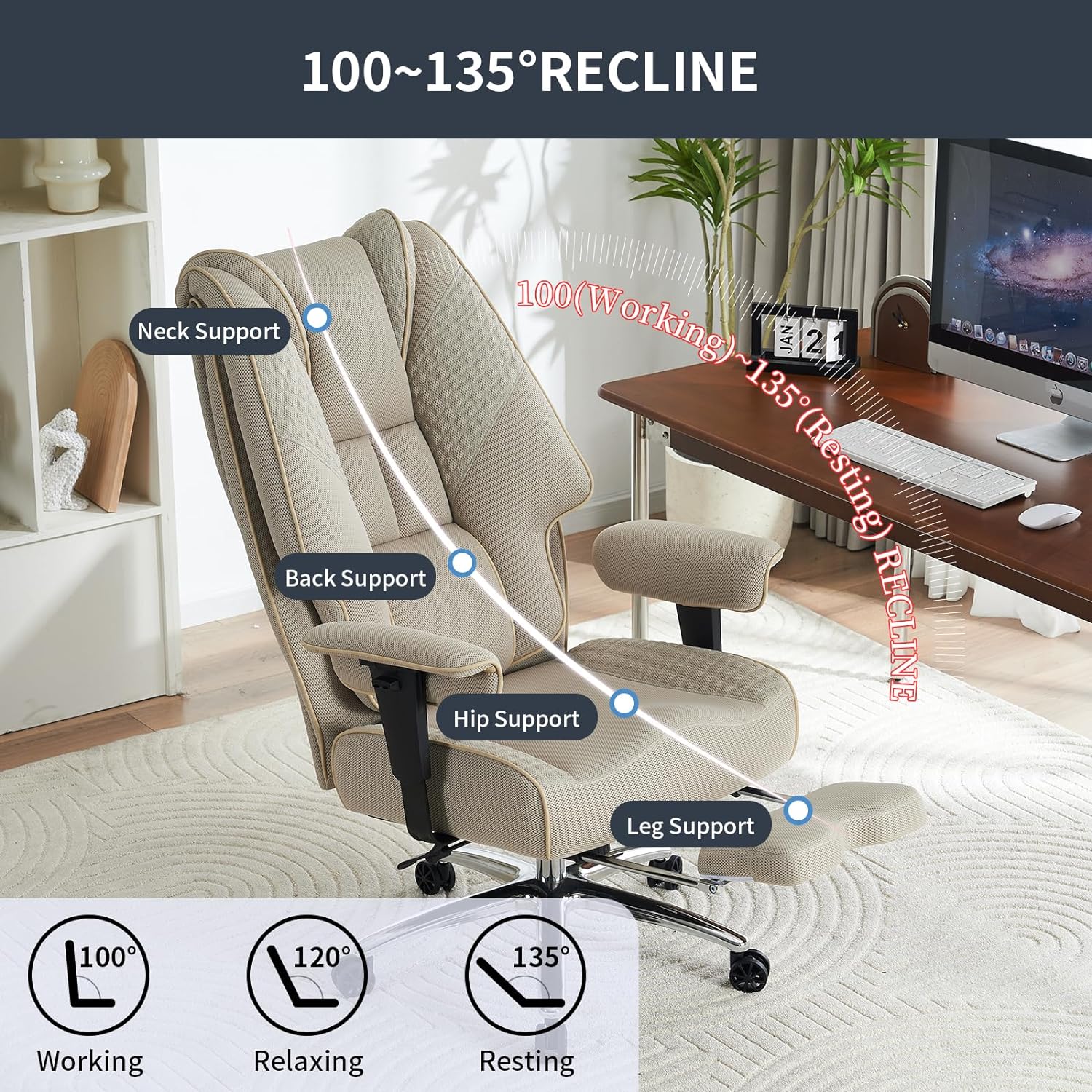 Silla de Oficina Alta y Ancha para 400 lbs, Silla Ejecutiva de Cuero con Respaldo Alto y Reposapiés, Silla Ergonómica con Soporte Lumbar para Aliviar el Dolor de Espalda Baja (Beige)