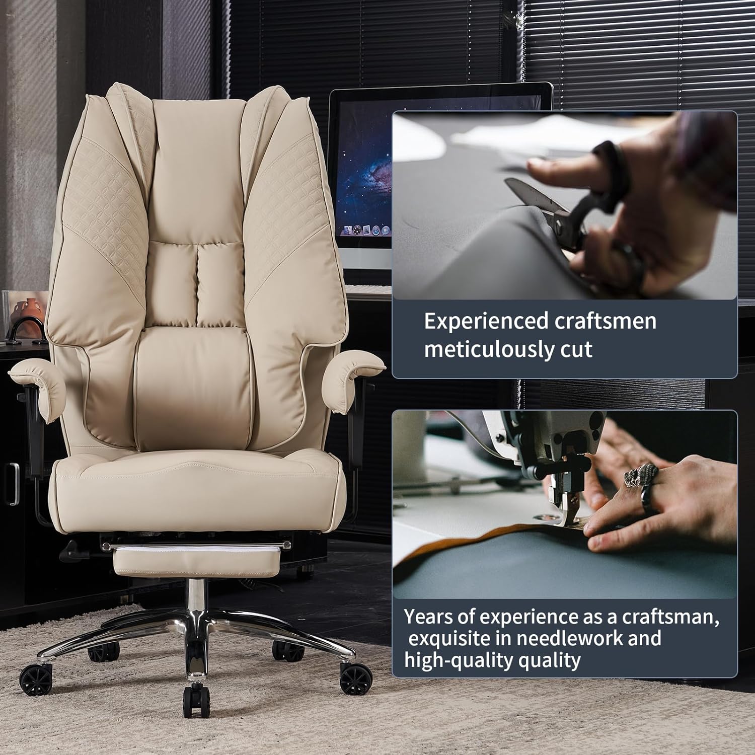 Silla de Oficina Alta y Ancha para 400 lbs, Silla Ejecutiva de Cuero con Respaldo Alto y Reposapiés, Silla Ergonómica con Soporte Lumbar para Aliviar el Dolor de Espalda Baja (Beige)