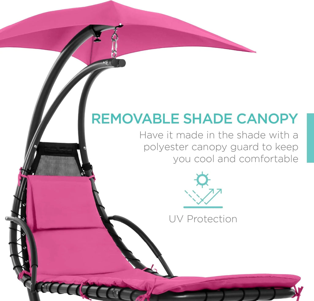 Chaise Longue Suspendue de Exterior Best Choice Products – Silla Balancín Curvada de Acero con Cojín Integrado y Toldo Desmontable – Gris Carbón