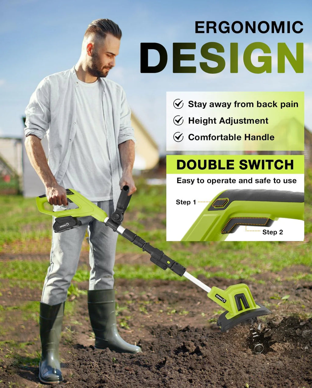 Motobineuse Électrique Sans Fil Saker 22V, Motoculteur Léger pour Jardinage, Largeur de Labour 9 pouces, Profondeur 6,3 pouces pour Préparation du Sol, Désherbage et Jardinage, avec 2 Batteries SK-TC18B