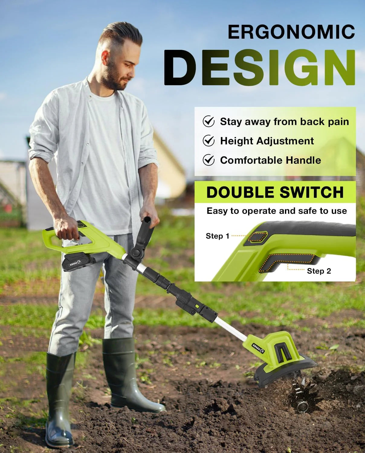 Motobineuse Électrique Sans Fil Saker 22V, Motoculteur Léger pour Jardinage, Largeur de Labour 9 pouces, Profondeur 6,3 pouces pour Préparation du Sol, Désherbage et Jardinage, avec 2 Batteries SK-TC18B