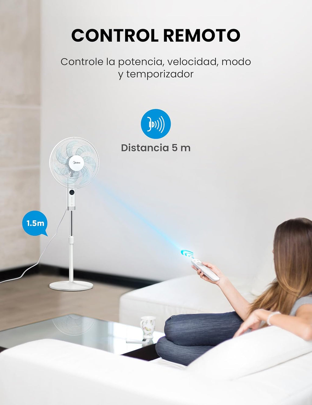Ventilador de Pie MIDEA 12 Velocidades con Control Remoto – Ventilador Silencioso con Oscilación de 120º + 135º – Ventilador con Temporizador, Filtro y Doble Aspa – Flujo de Aire hasta 24 metros