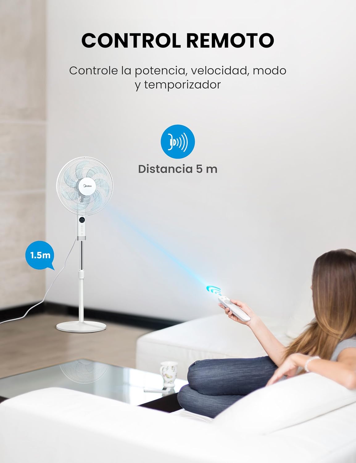 Ventilador de Pie MIDEA 12 Velocidades con Control Remoto – Ventilador Silencioso con Oscilación de 120º + 135º – Ventilador con Temporizador, Filtro y Doble Aspa – Flujo de Aire hasta 24 metros