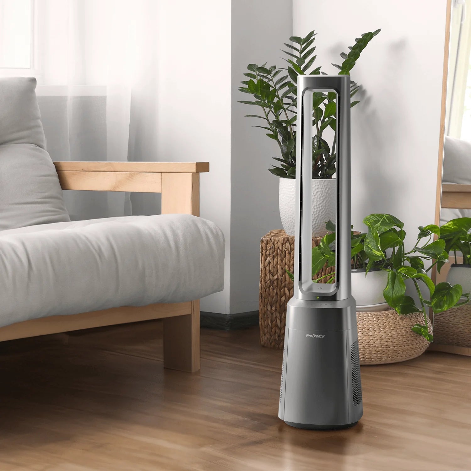 Ventilador torre sin aspas premium OmniAir 41" con purificador de aire - Plateado