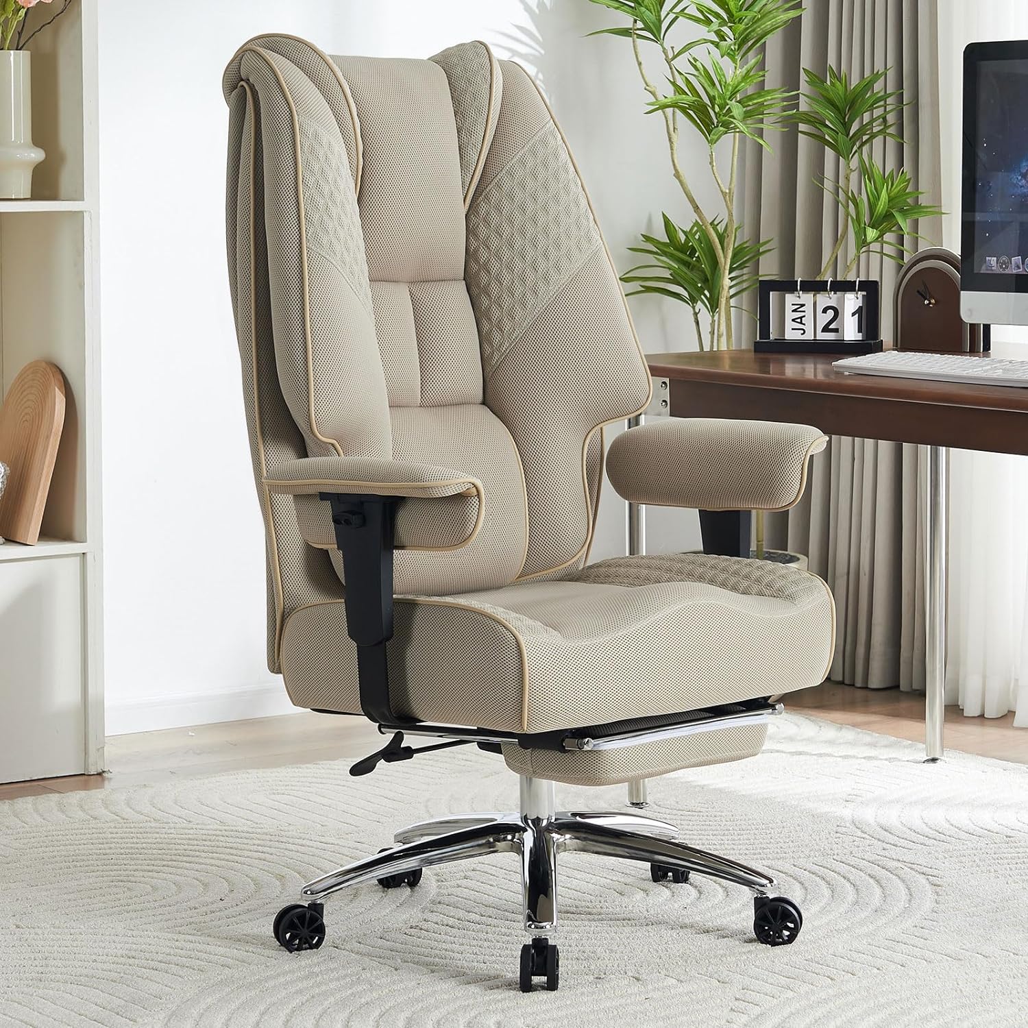 Silla de Oficina Alta y Ancha para 400 lbs, Silla Ejecutiva de Cuero con Respaldo Alto y Reposapiés, Silla Ergonómica con Soporte Lumbar para Aliviar el Dolor de Espalda Baja (Beige)