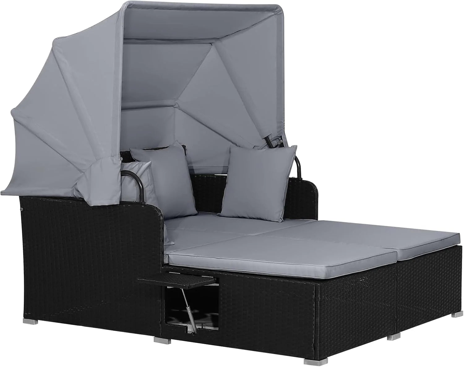 RELAX4LIFE Cama de Jardín Exterior con Dosel, Tumbona de Resina Trenzada con Cojines, 4 Almohadas y 2 Bandejas Laterales Retráctiles, Cama Lounge para 2 Personas para Piscina, Porche, Jardín, Cama de Exterior de Ratán (Turquesa)
