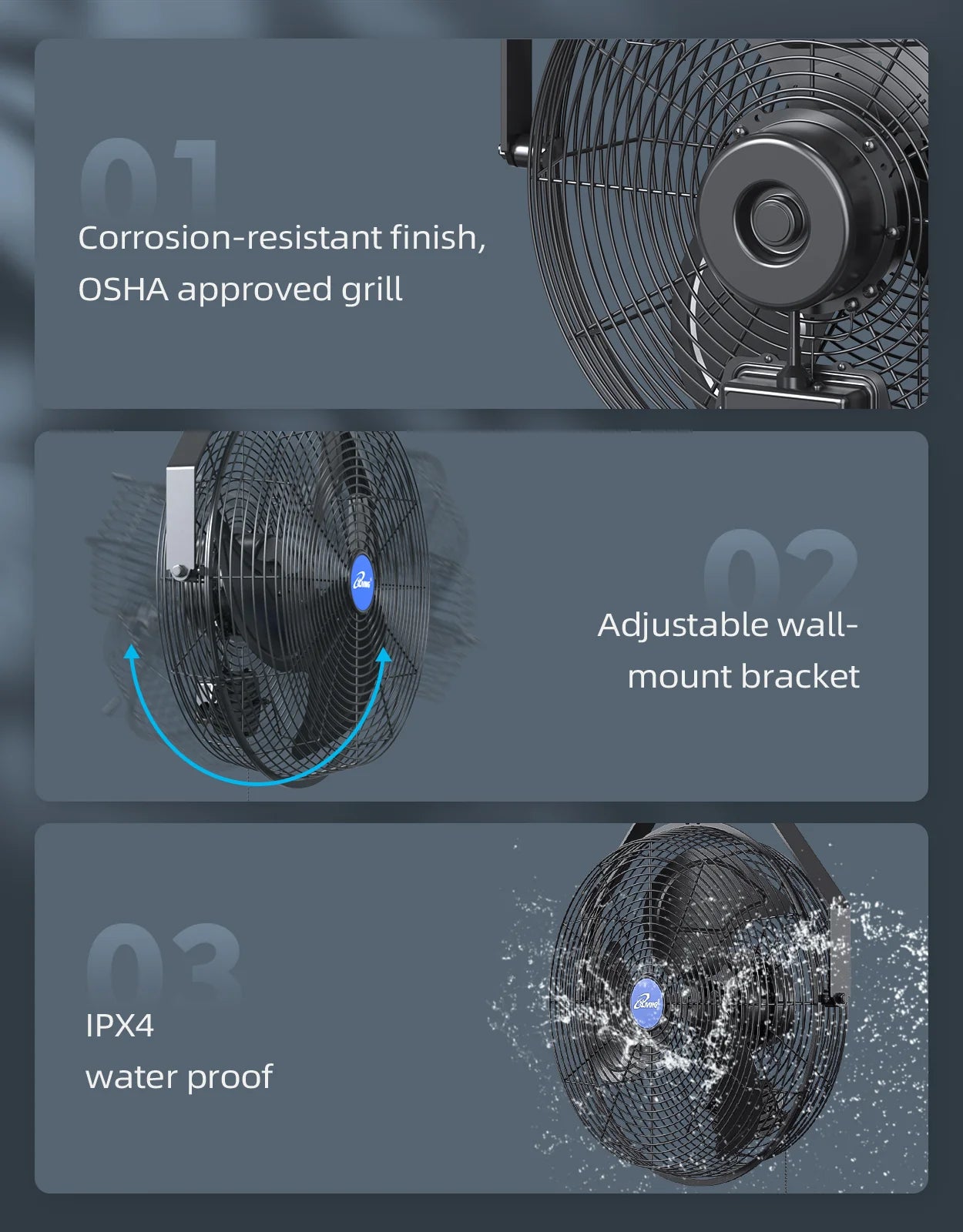 2025 ILG8E18-15 - Ventilador mural iLIVING de 18" resistente a la intemperie con velocidad variable para uso interior y exterior, calidad industrial para terraza, invernadero, garaje, taller y rampa de carga, 6360 CFM, negro