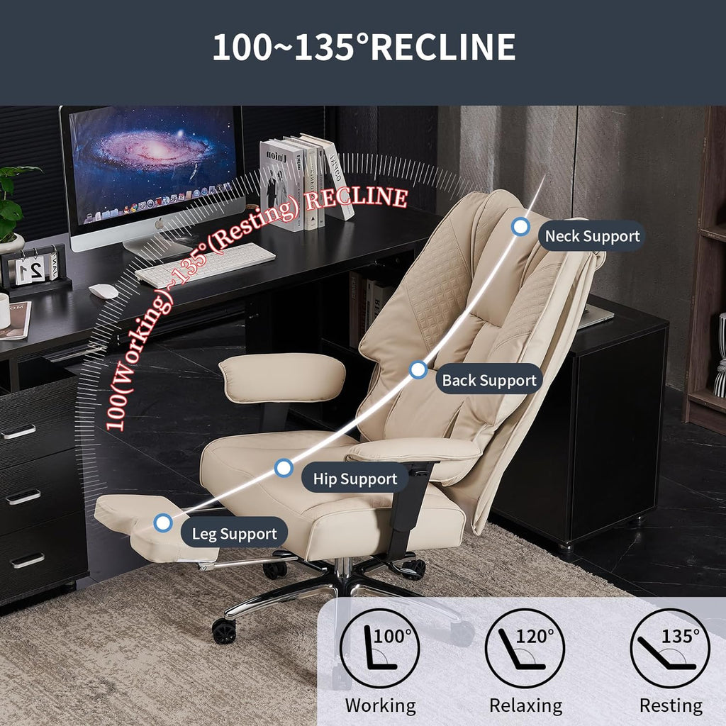 Silla de Oficina Alta y Ancha para 400 lbs, Silla Ejecutiva de Cuero con Respaldo Alto y Reposapiés, Silla Ergonómica con Soporte Lumbar para Aliviar el Dolor de Espalda Baja (Beige)