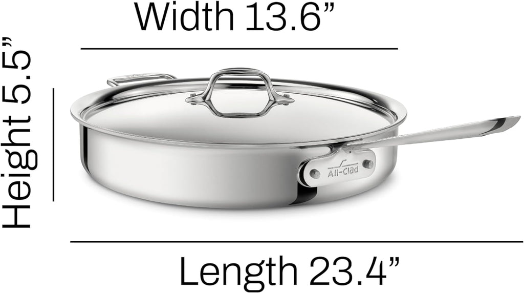 All-Clad D3 Sartén para Saltear de Acero Inoxidable de 3 Capas, 6 Cuartos, Compatible con Inducción, Horno y Grill hasta 600°F, Ollas y Sartenes, Color Plateado