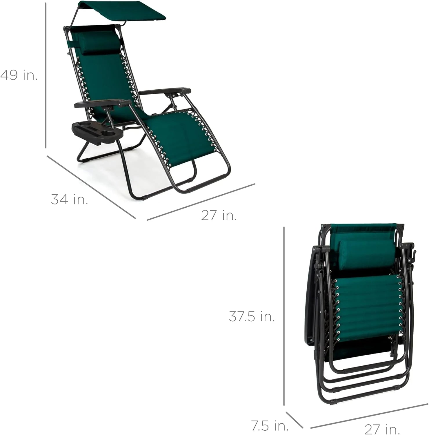 Best Choice Products – Silla Reclinable de Patio con Gravedad Cero, Ajustable y Plegable para Exteriores con Dosel, Almohada Cervical y Bandeja Lateral, Textileno – Azul Pavo Real