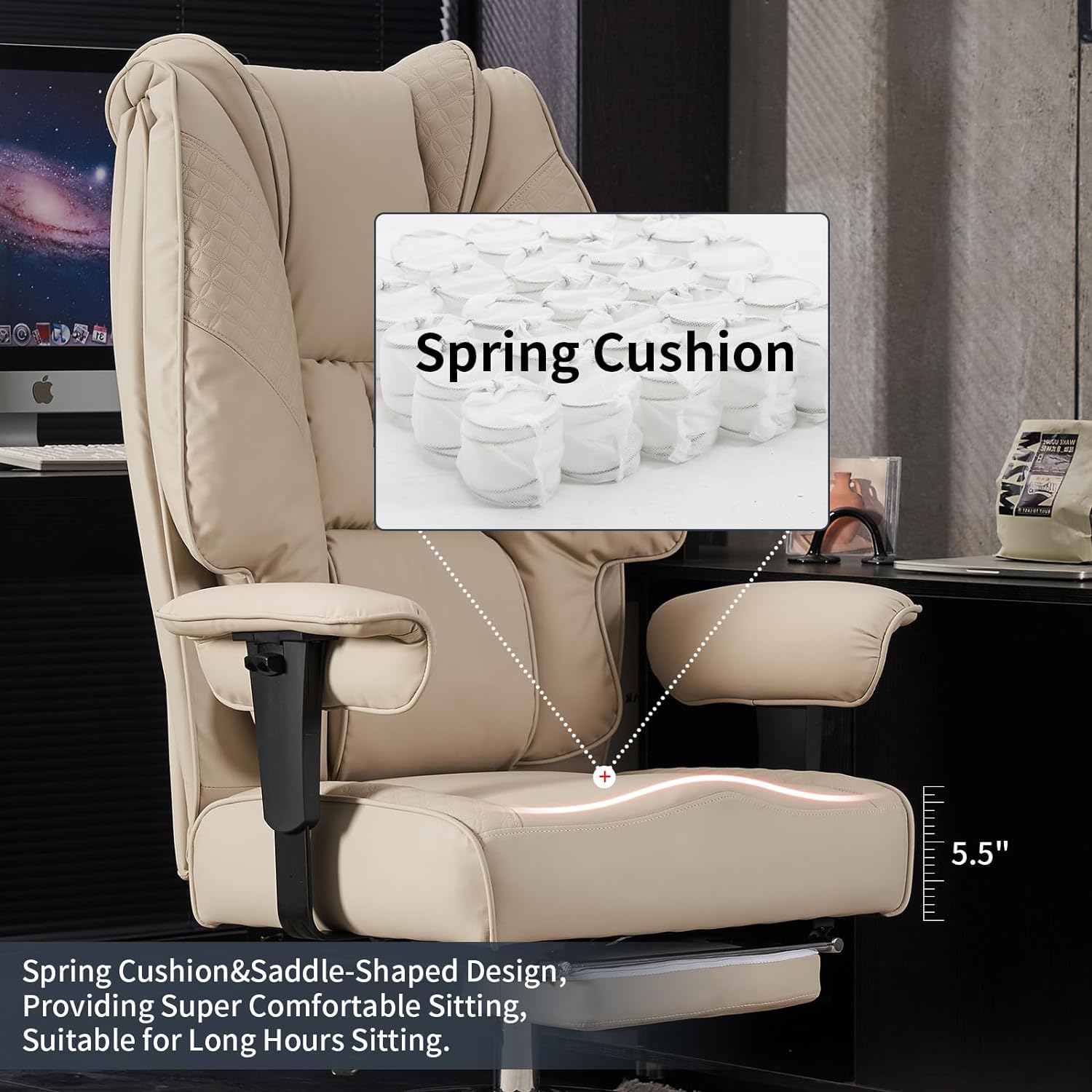 Silla de Oficina Alta y Ancha para 400 lbs, Silla Ejecutiva de Cuero con Respaldo Alto y Reposapiés, Silla Ergonómica con Soporte Lumbar para Aliviar el Dolor de Espalda Baja (Beige)