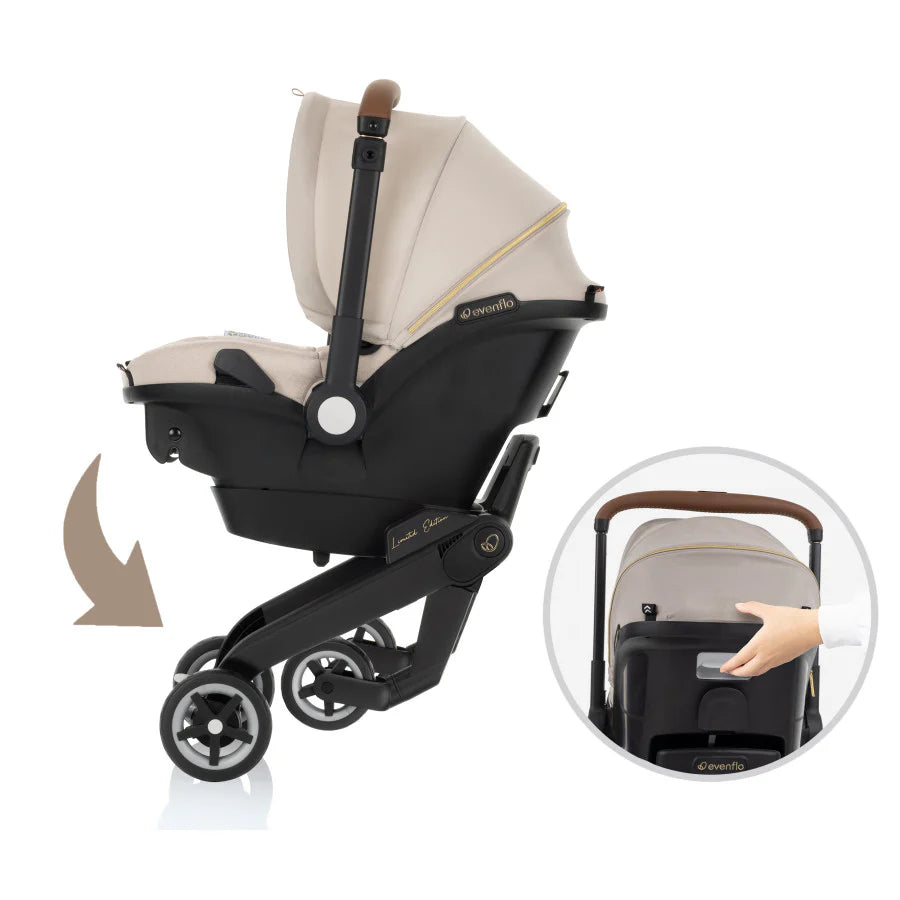 2025 Evenflo Shyft DualRide Combo Arnés-Capazo para Bebé Edición Limitada con Tela Green & Gentle