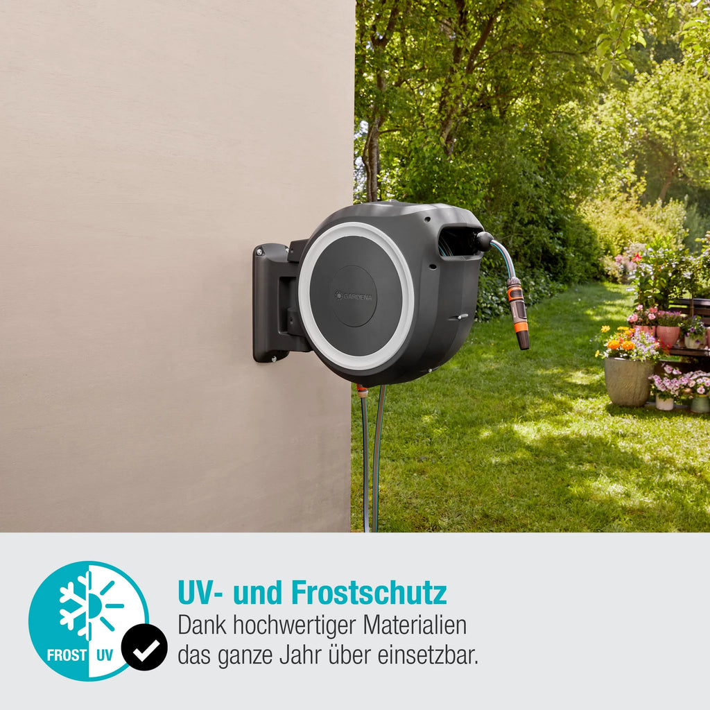 2025 Caja para Manguera de Pared Gardena RollUp M/L (Blanco) 25 m: Riego Flexible para Jardines Medianos y Grandes, Caja Giratoria con Manguera de 25 m y Accesorios de Montaje (18622-20)