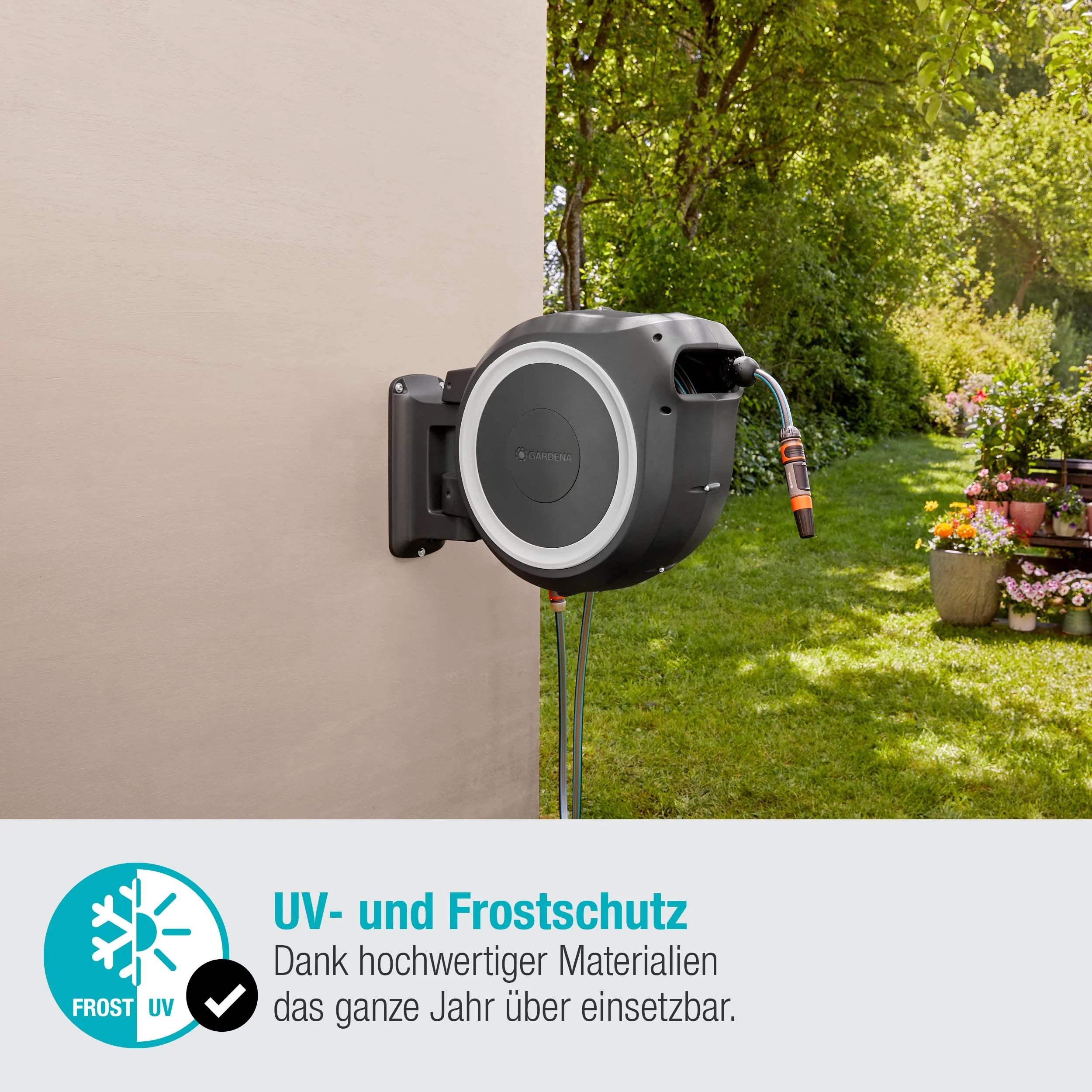 2025 Caja para Manguera de Pared Gardena RollUp M/L (Blanco) 25 m: Riego Flexible para Jardines Medianos y Grandes, Caja Giratoria con Manguera de 25 m y Accesorios de Montaje (18622-20)