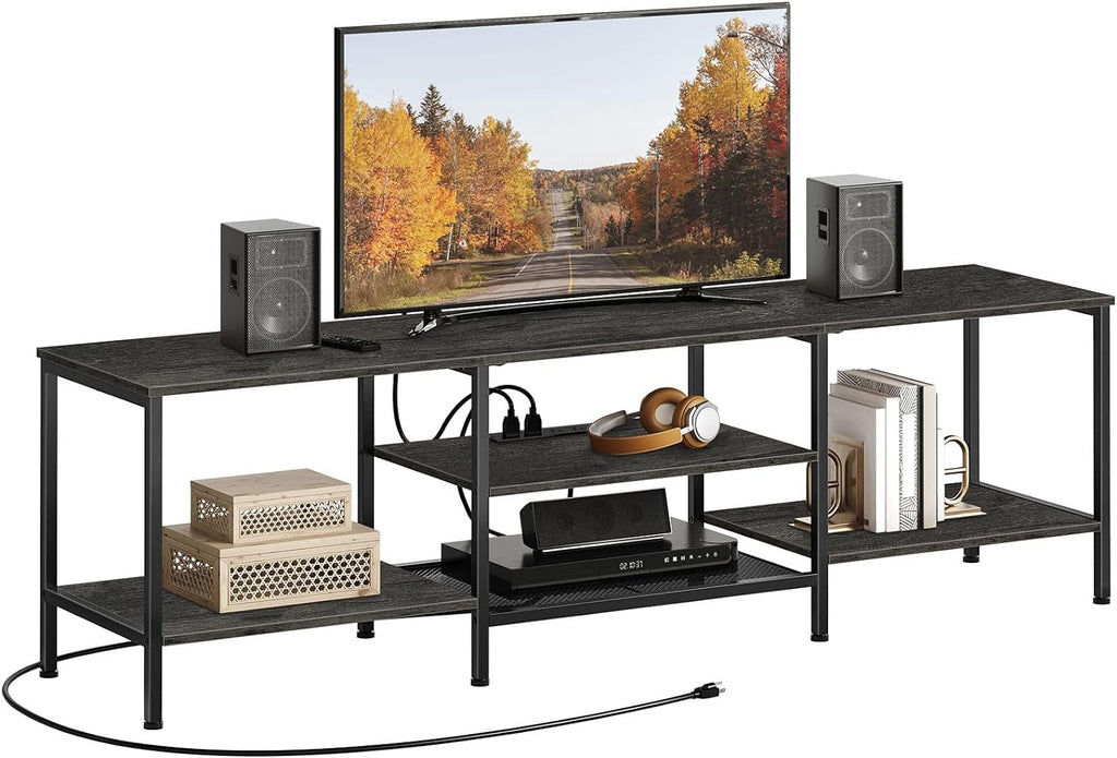 Mueble para TV con Enchufes Integrados para TVs de hasta 75 Pulgadas, Mesa Consola con Estantes Abiertos, Centro de Entretenimiento Industrial para Sala o Dormitorio, Color Marrón Rústico y Negro BF60DS01
