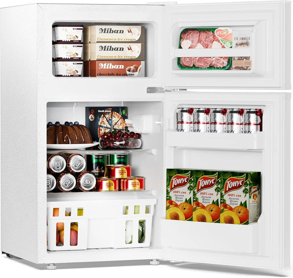 2025 Refrigerador compacto Antarctic Star con congelador separado, mini nevera de doble puerta, estantes ajustables y desmontables, estilo retro de acero inoxidable, para sala/cocina/dormitorio/oficina, 3,2 pies³, verde