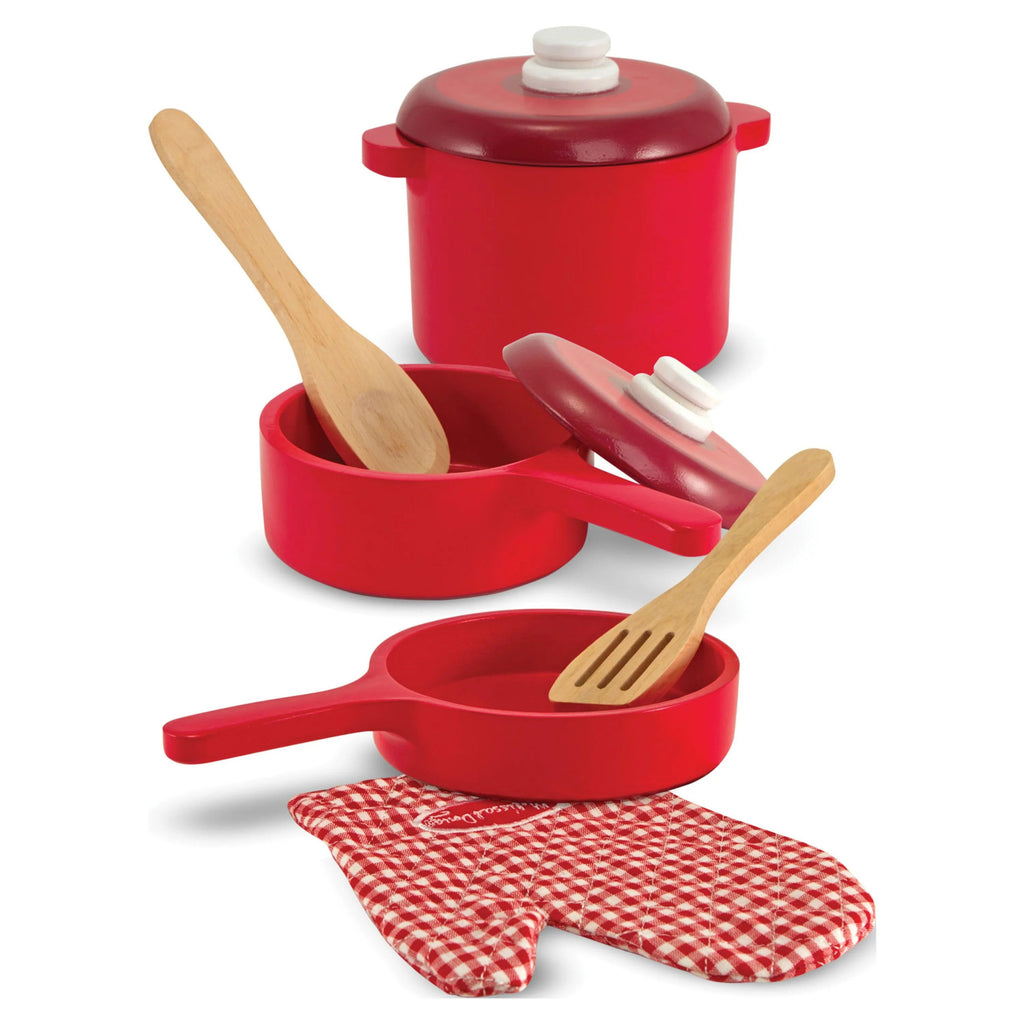 Melissa & Doug Set de Juego de Accesorios de Cocina de Madera Deluxe – Ollas y Sartenes (8 piezas)