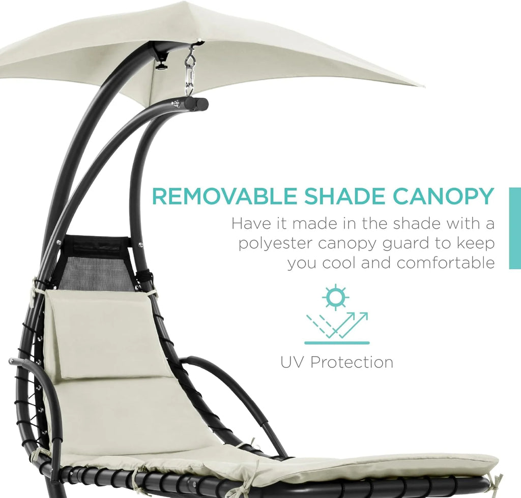 Chaise Longue Suspendue de Exterior Best Choice Products – Silla Balancín Curvada de Acero con Cojín Integrado y Toldo Desmontable – Gris Carbón