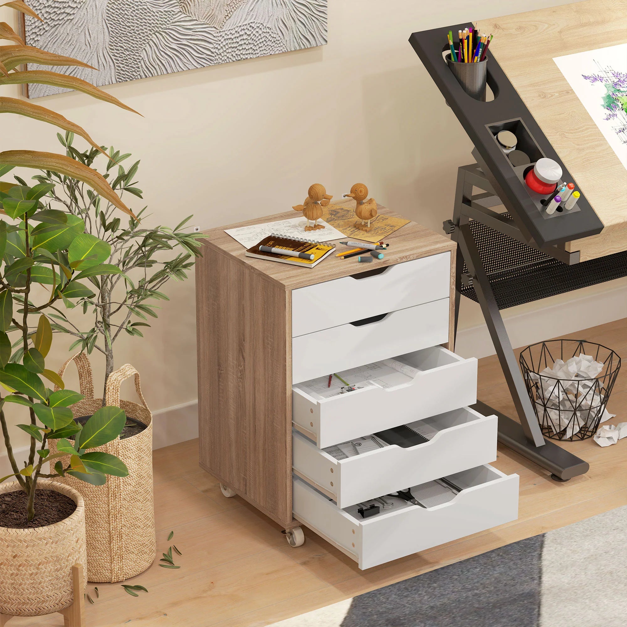 Cajonera Vertical de 5 Cajones, Mueble de Oficina Móvil con Ruedas, Roble