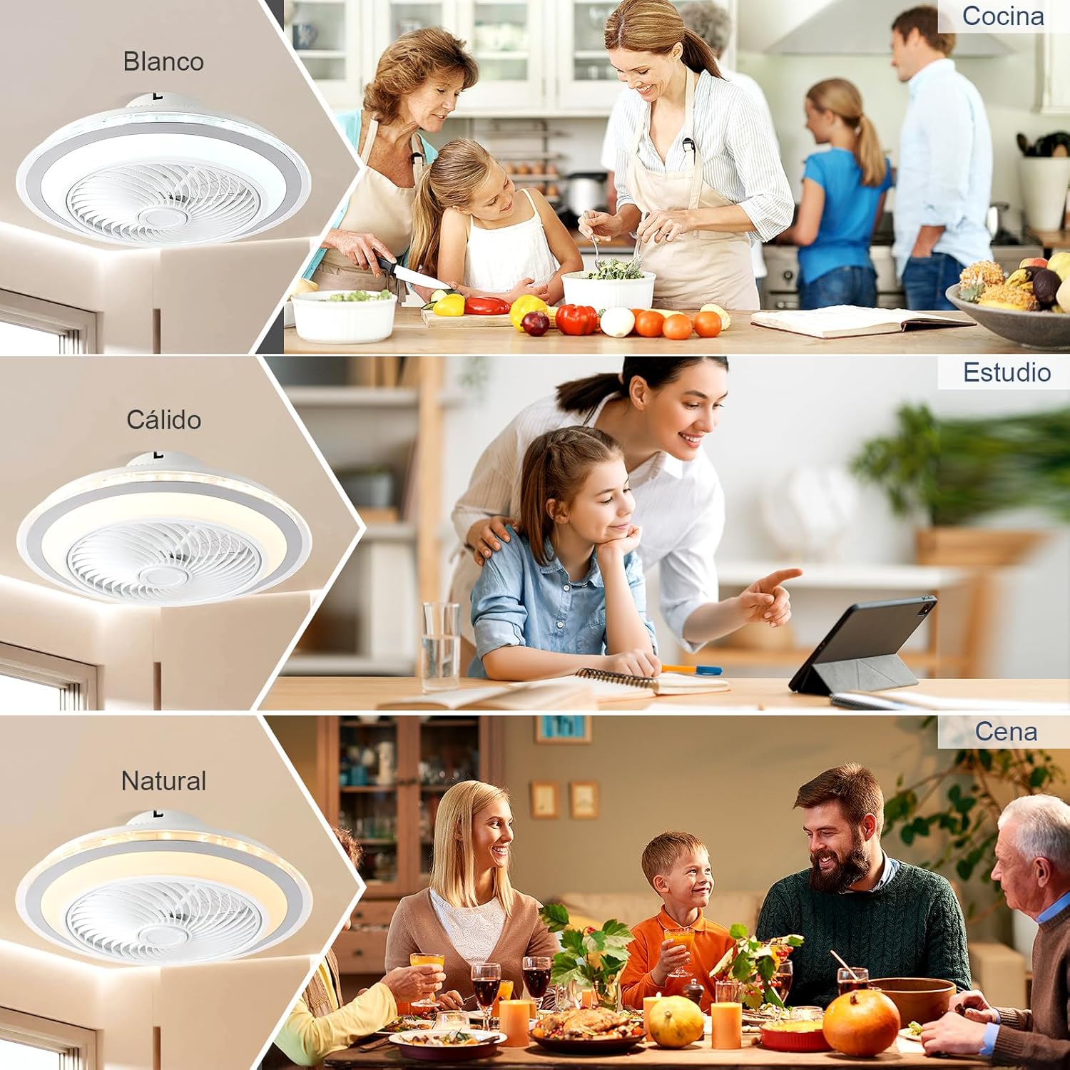 oxylops – Ventilador de Techo con Luz LED, 5 Aspas, 40W Luz, Motor DC 12W, 6 Velocidades, 3 Tonos de Luz, Silencioso, Ideal para Dormitorio, Salón, Estudio o Cocina