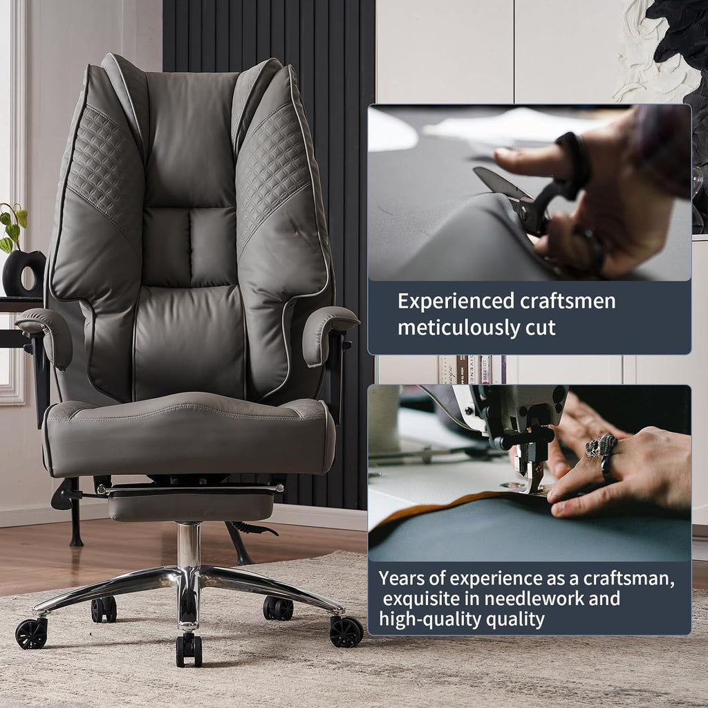 Silla de Oficina Alta y Ancha para 400 lbs, Silla Ejecutiva de Cuero con Respaldo Alto y Reposapiés, Silla Ergonómica con Soporte Lumbar para Aliviar el Dolor de Espalda Baja (Beige)