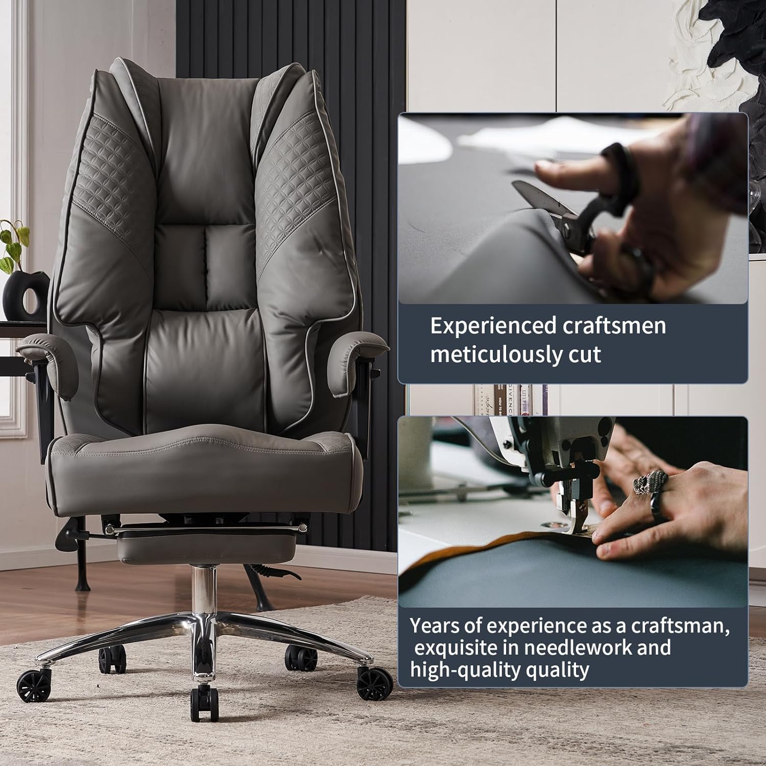 Silla de Oficina Alta y Ancha para 400 lbs, Silla Ejecutiva de Cuero con Respaldo Alto y Reposapiés, Silla Ergonómica con Soporte Lumbar para Aliviar el Dolor de Espalda Baja (Beige)