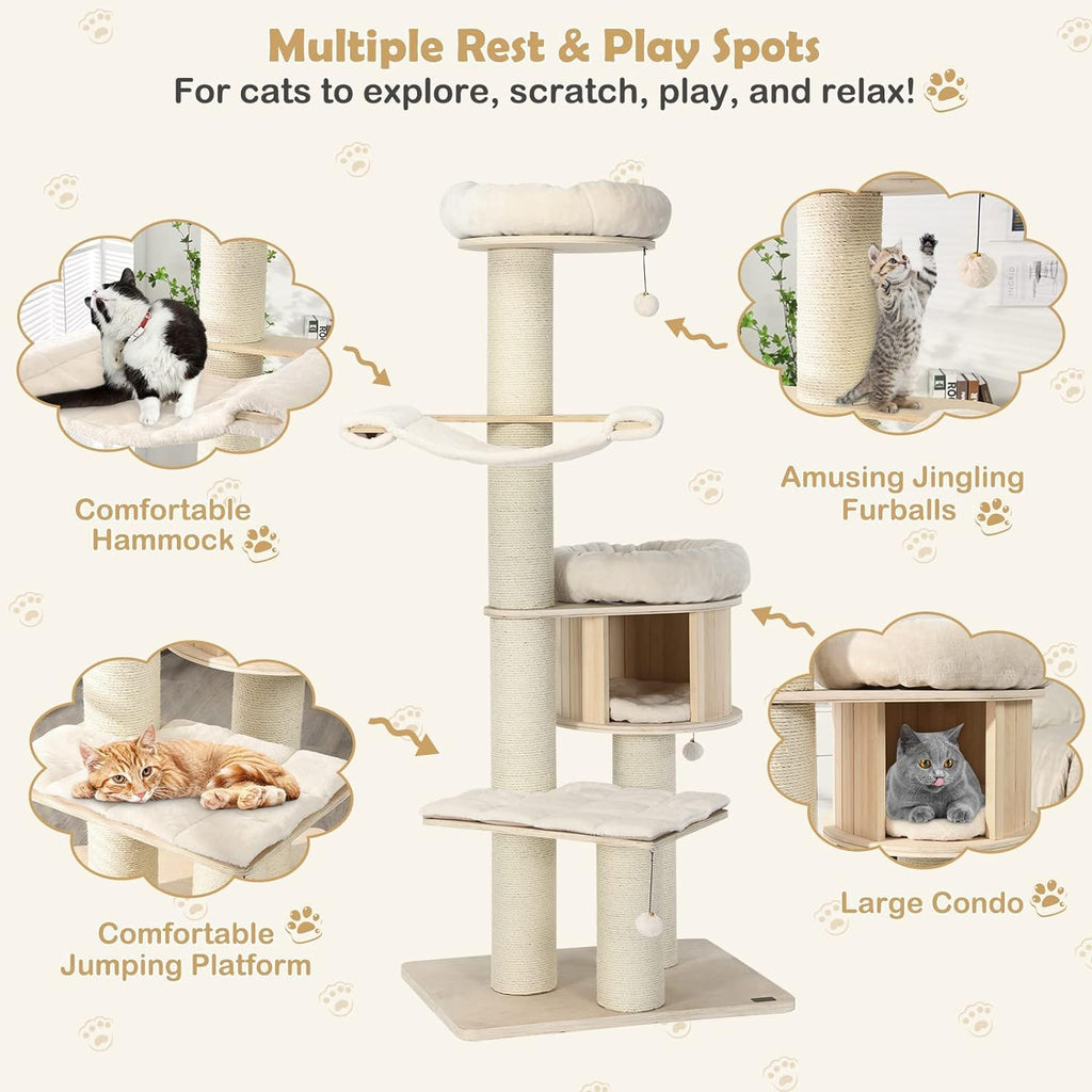 Árbol para Gatos Grande, Torre de Múltiples Niveles con Poste de Sisal, Hamaca, Cesta Colgante y Alfombrillas Desmontables y Lavables, Perfecto para Gatos Grandes