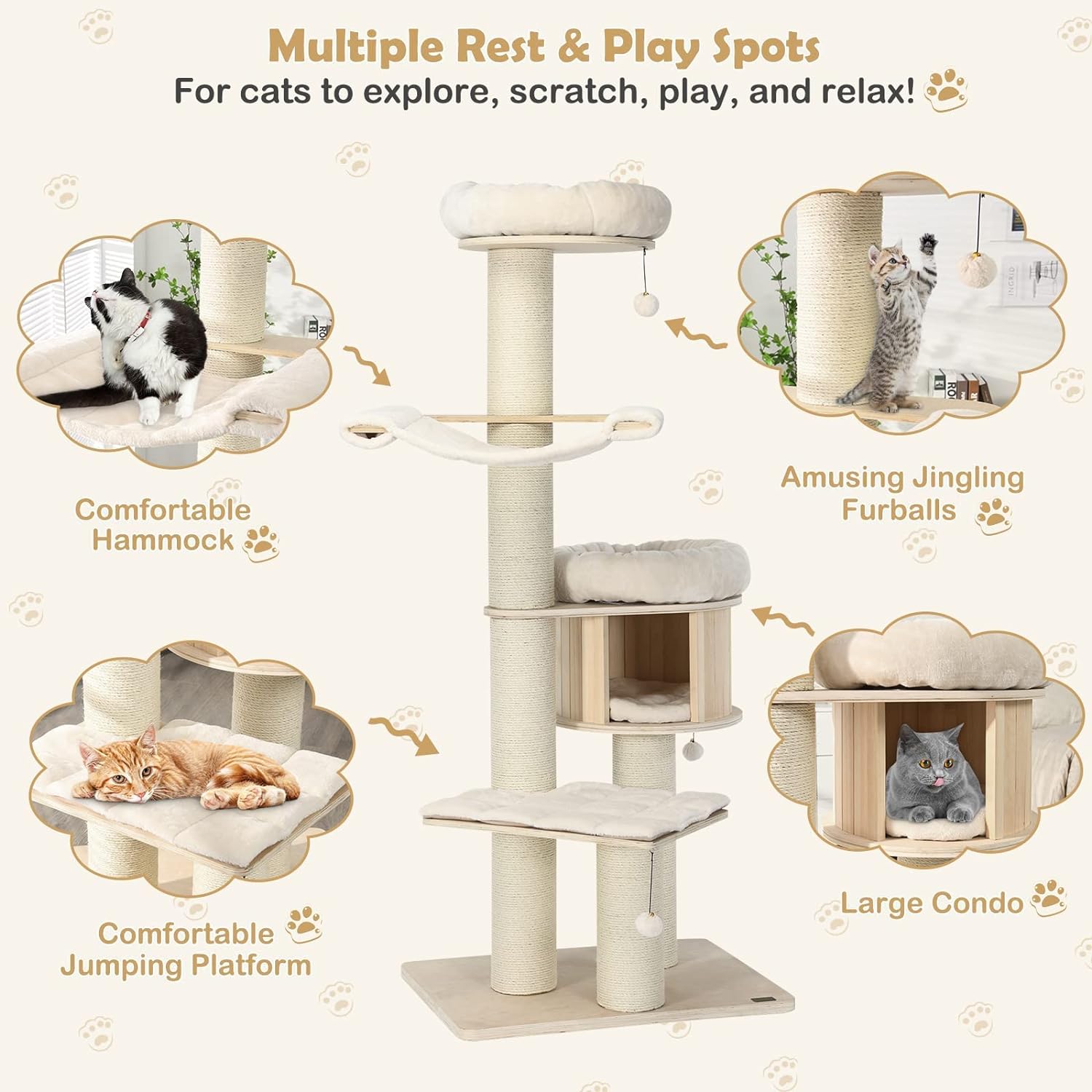 Árbol para Gatos Grande, Torre de Múltiples Niveles con Poste de Sisal, Hamaca, Cesta Colgante y Alfombrillas Desmontables y Lavables, Perfecto para Gatos Grandes