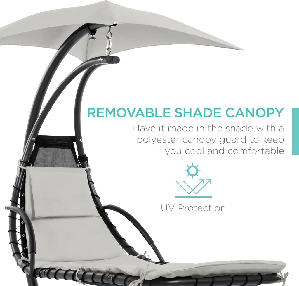 Chaise Longue Suspendue de Exterior Best Choice Products – Silla Balancín Curvada de Acero con Cojín Integrado y Toldo Desmontable – Gris Carbón