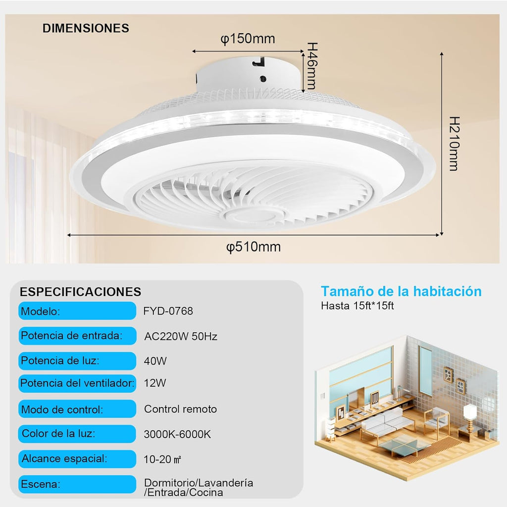 oxylops – Ventilador de Techo con Luz LED, 5 Aspas, 40W Luz, Motor DC 12W, 6 Velocidades, 3 Tonos de Luz, Silencioso, Ideal para Dormitorio, Salón, Estudio o Cocina