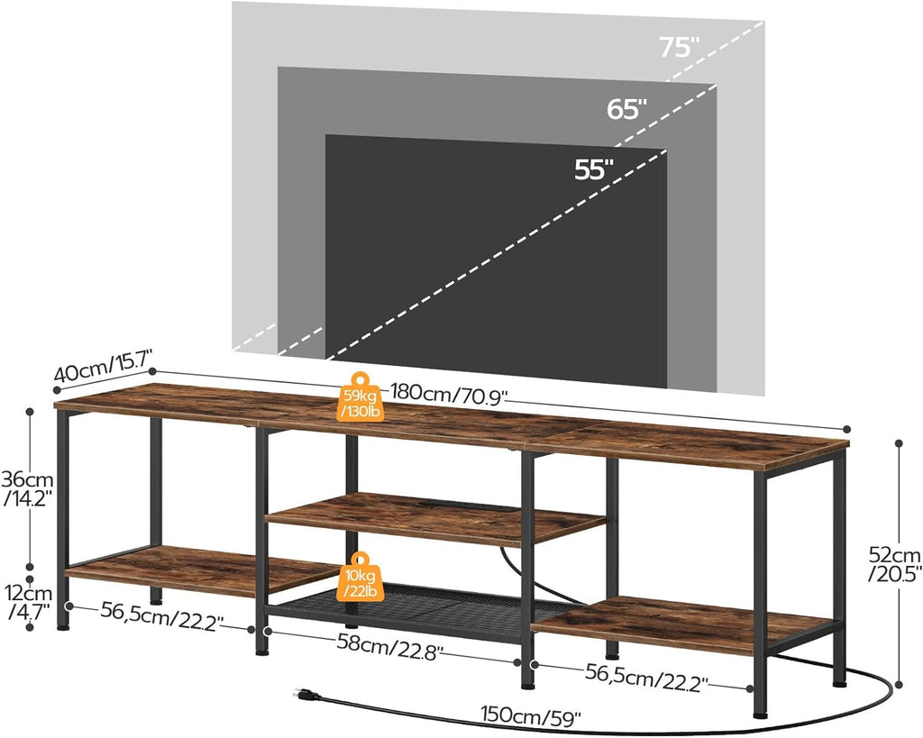 Mueble para TV con Enchufes Integrados para TVs de hasta 75 Pulgadas, Mesa Consola con Estantes Abiertos, Centro de Entretenimiento Industrial para Sala o Dormitorio, Color Marrón Rústico y Negro BF60DS01