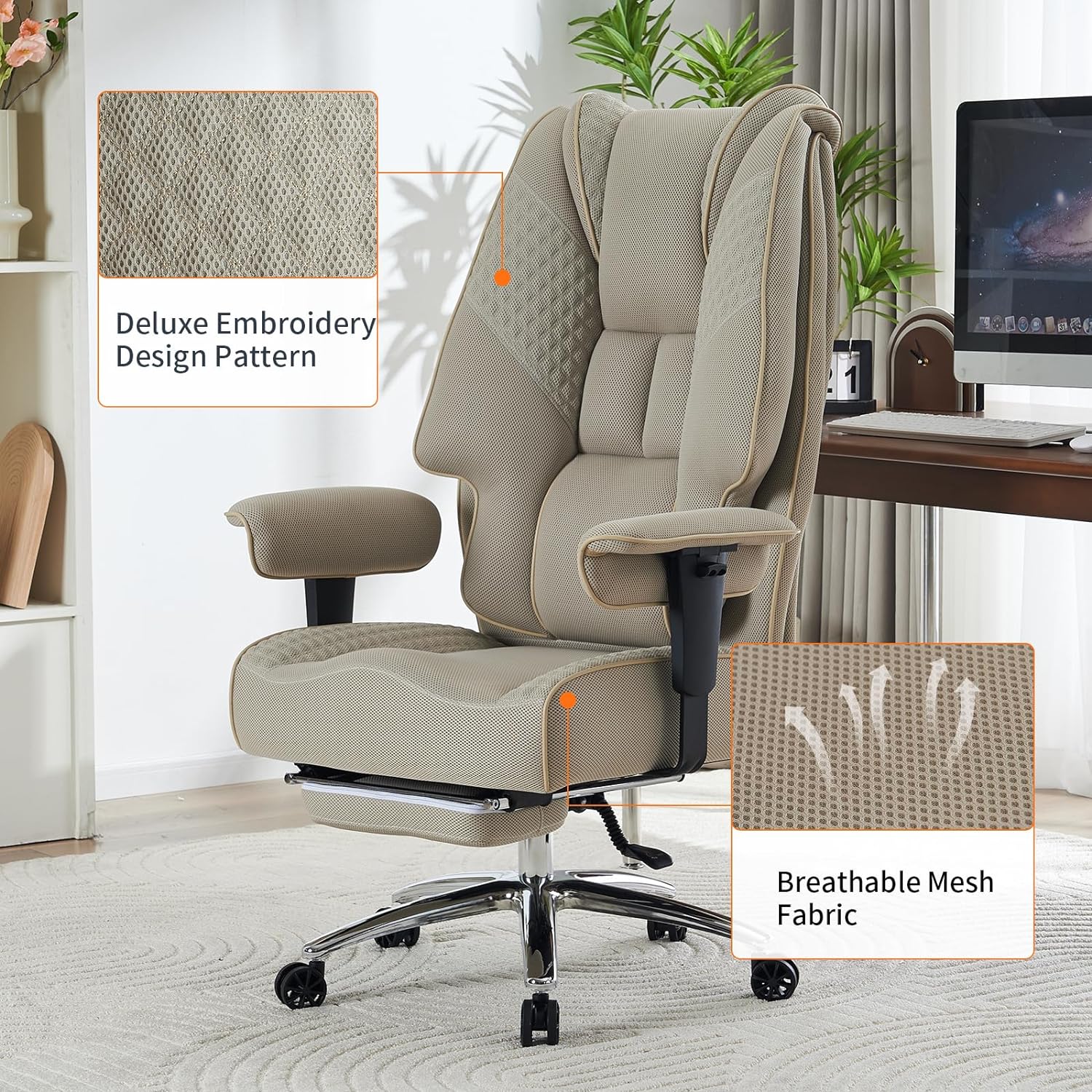 Silla de Oficina Alta y Ancha para 400 lbs, Silla Ejecutiva de Cuero con Respaldo Alto y Reposapiés, Silla Ergonómica con Soporte Lumbar para Aliviar el Dolor de Espalda Baja (Beige)