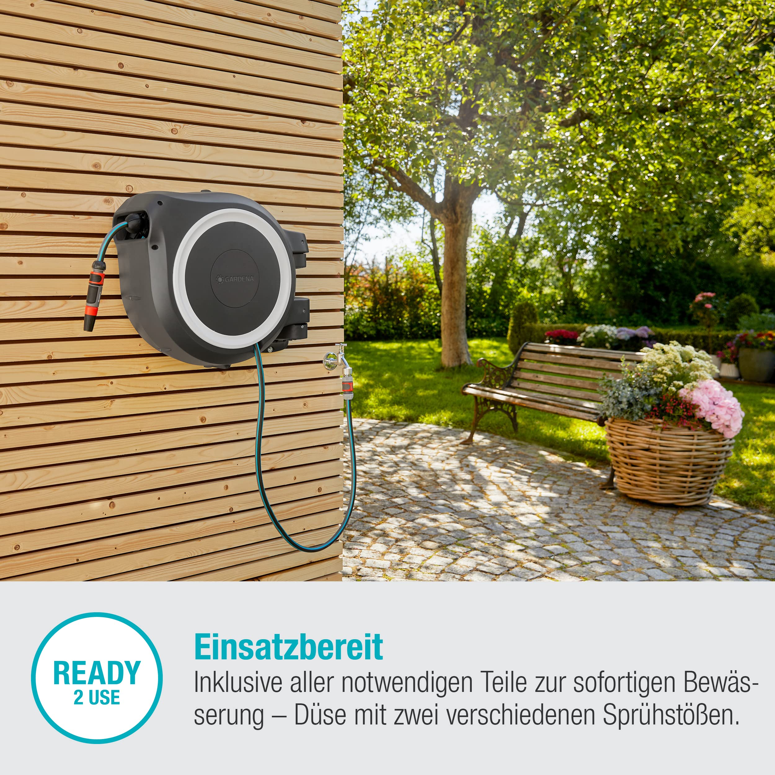 2025 Caja para Manguera de Pared Gardena RollUp M/L (Blanco) 25 m: Riego Flexible para Jardines Medianos y Grandes, Caja Giratoria con Manguera de 25 m y Accesorios de Montaje (18622-20)